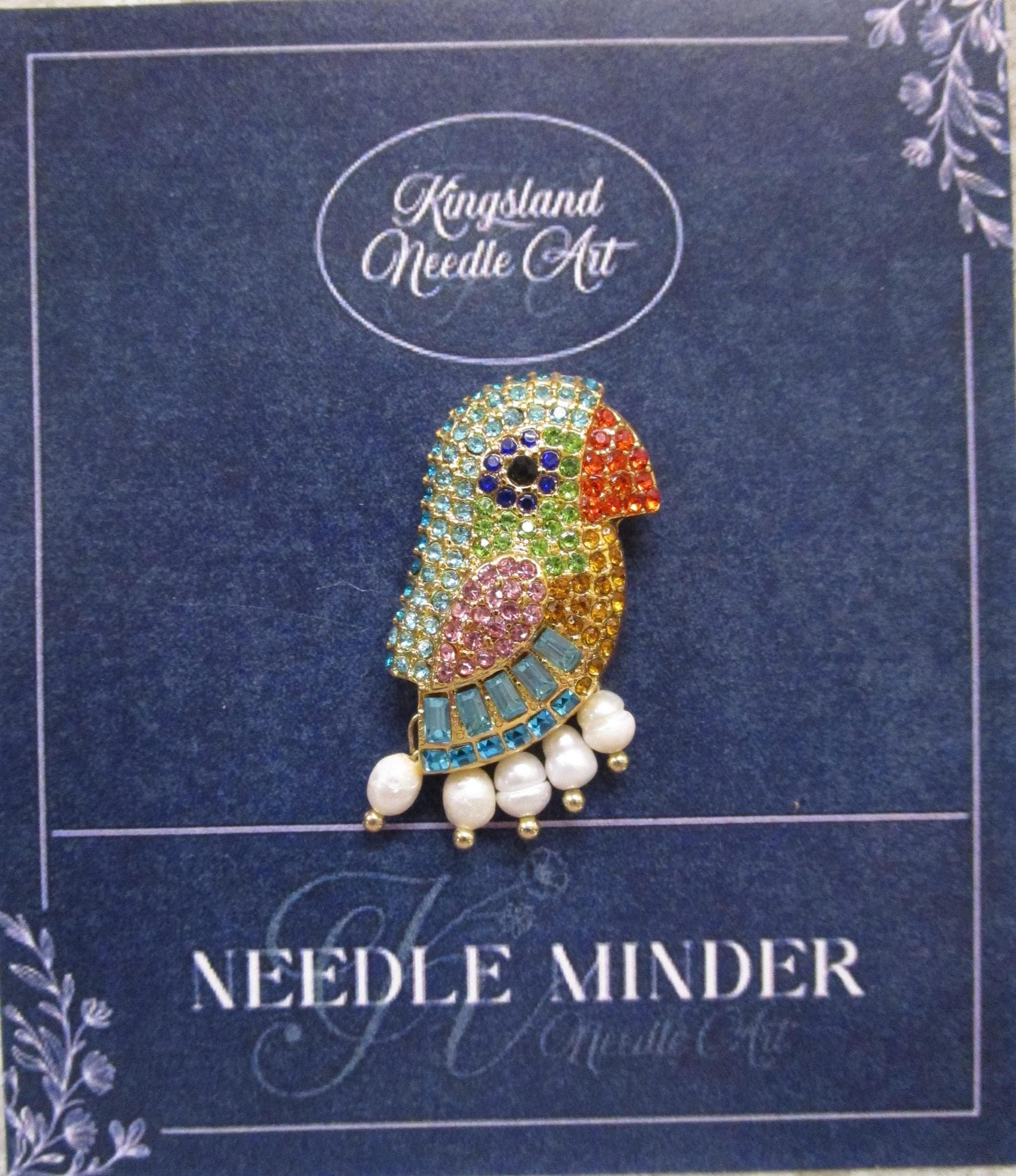 KINGSLAND NEEDLE MINDER ~ Parrot Bird Needle Minder, Needle Dock, Rhinestone Enamel, Magnet, Needle Garage, Needleminder