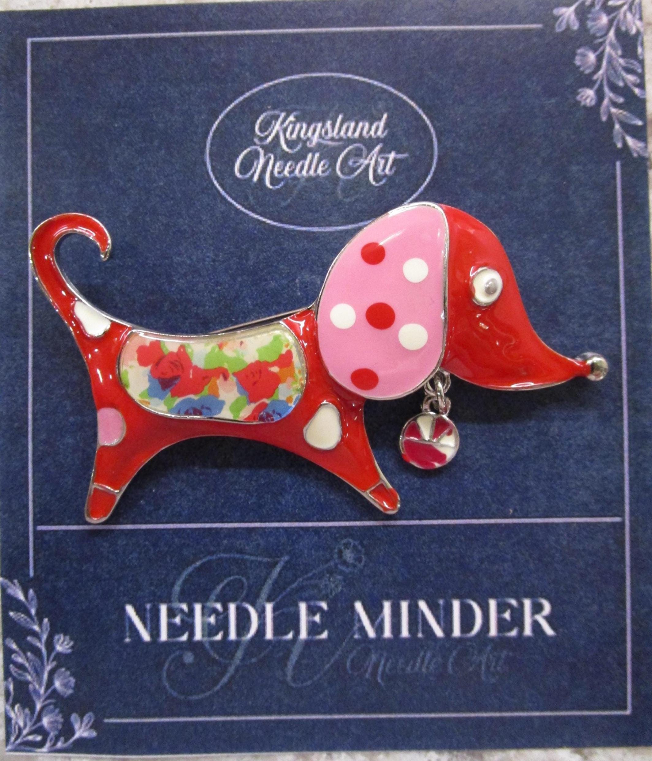 KINGSLAND NEEDLE MINDER ~ Red Dachshund Dog Needle Minder, Needle Dock, Drip Oil Enamel, Magnet Needle Garage, Needleminder