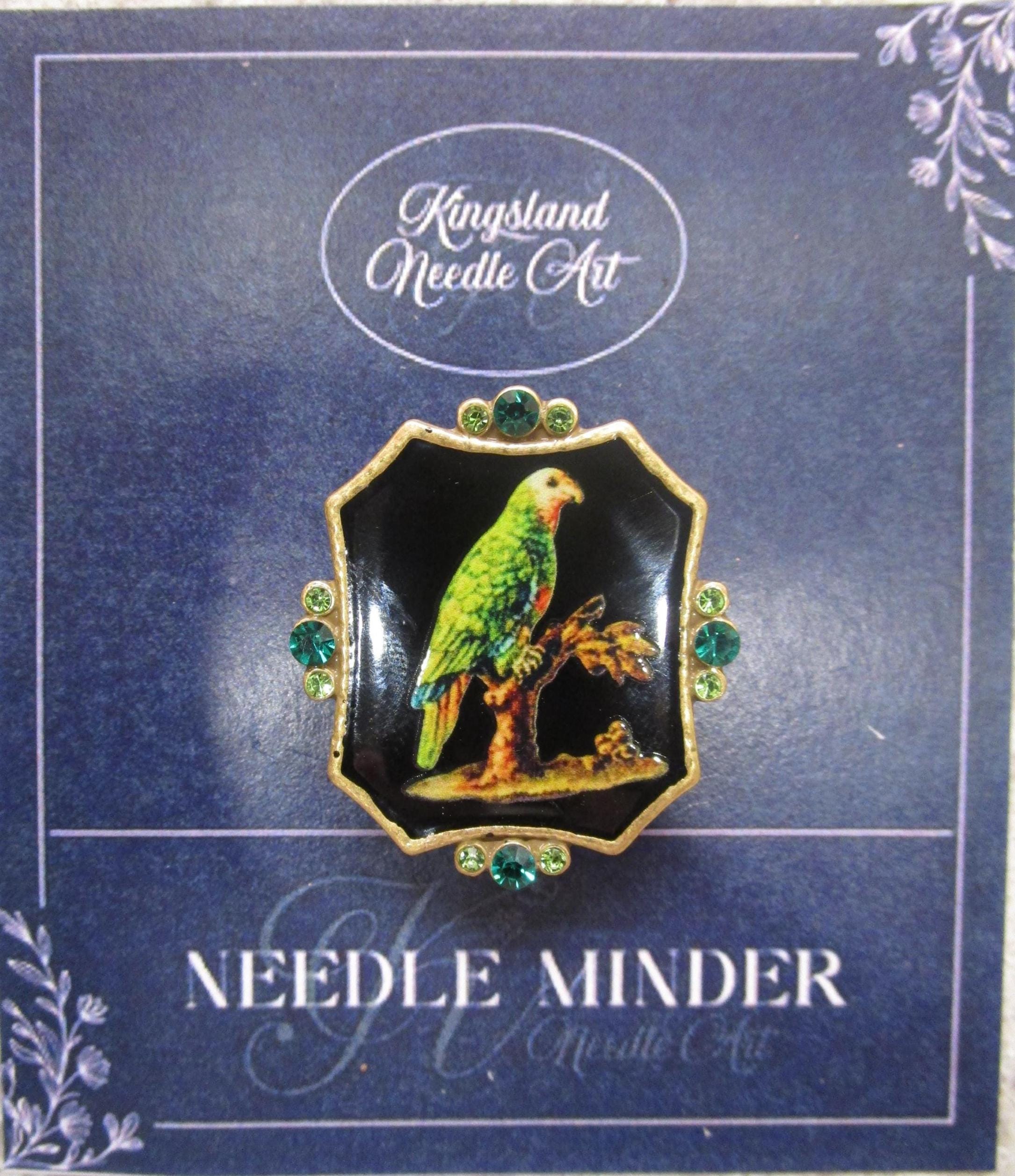 KINGSLAND NEEDLE MINDER ~ Vintage Style Parrot Needle Minder, Needle Dock, Green Rhinestones, Enamel, Magnet, Needle Garage, Needleminder