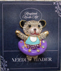 KINGSLAND NEEDLE MINDER ~ Teddy Bear Needle Minder, Gold Tone, Needle Dock, Rhinestone and enamel finish, Magnet Needle Garage, Needleminder