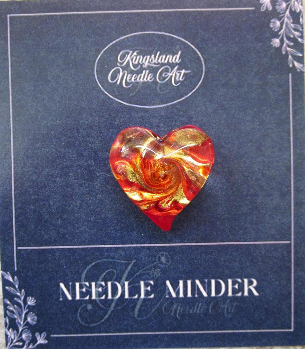 KINGSLAND NEEDLE MINDER ~ Murano Glassl Heart ~ Murano Glass Lampwork, Red Gold Aventurina Swirl, Needle Dock, Needleminder,