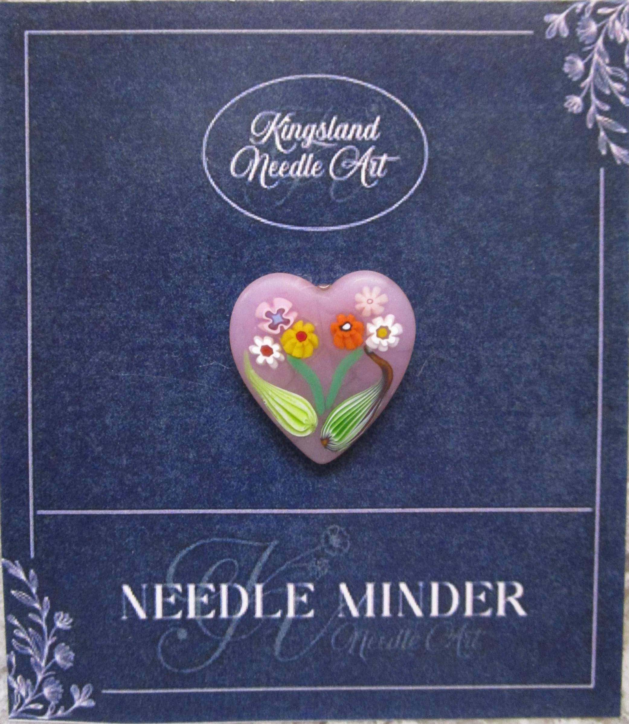KINGSLAND NEEDLE MINDER ~ Millefiori Murano Glass ~ Light Pink Flower Bouquet Heart Transparent, Needle Dock, Needleminder