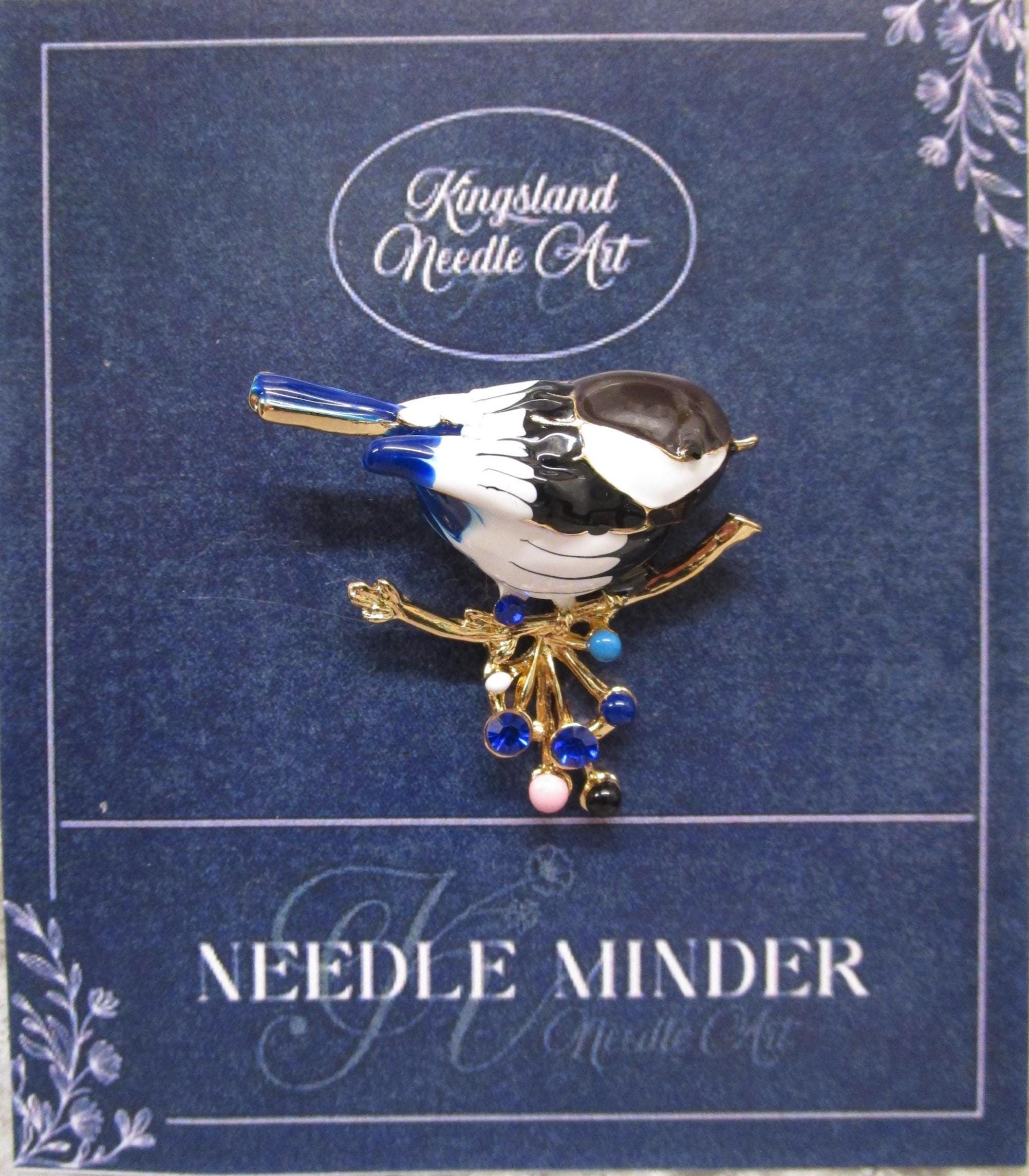 KINGSLAND NEEDLE MINDER ~ Black Cap Chickadee Bird Needle Minder, Needle Dock, Sparkling Rhinestones, Enamel, Magnet, Needleminder