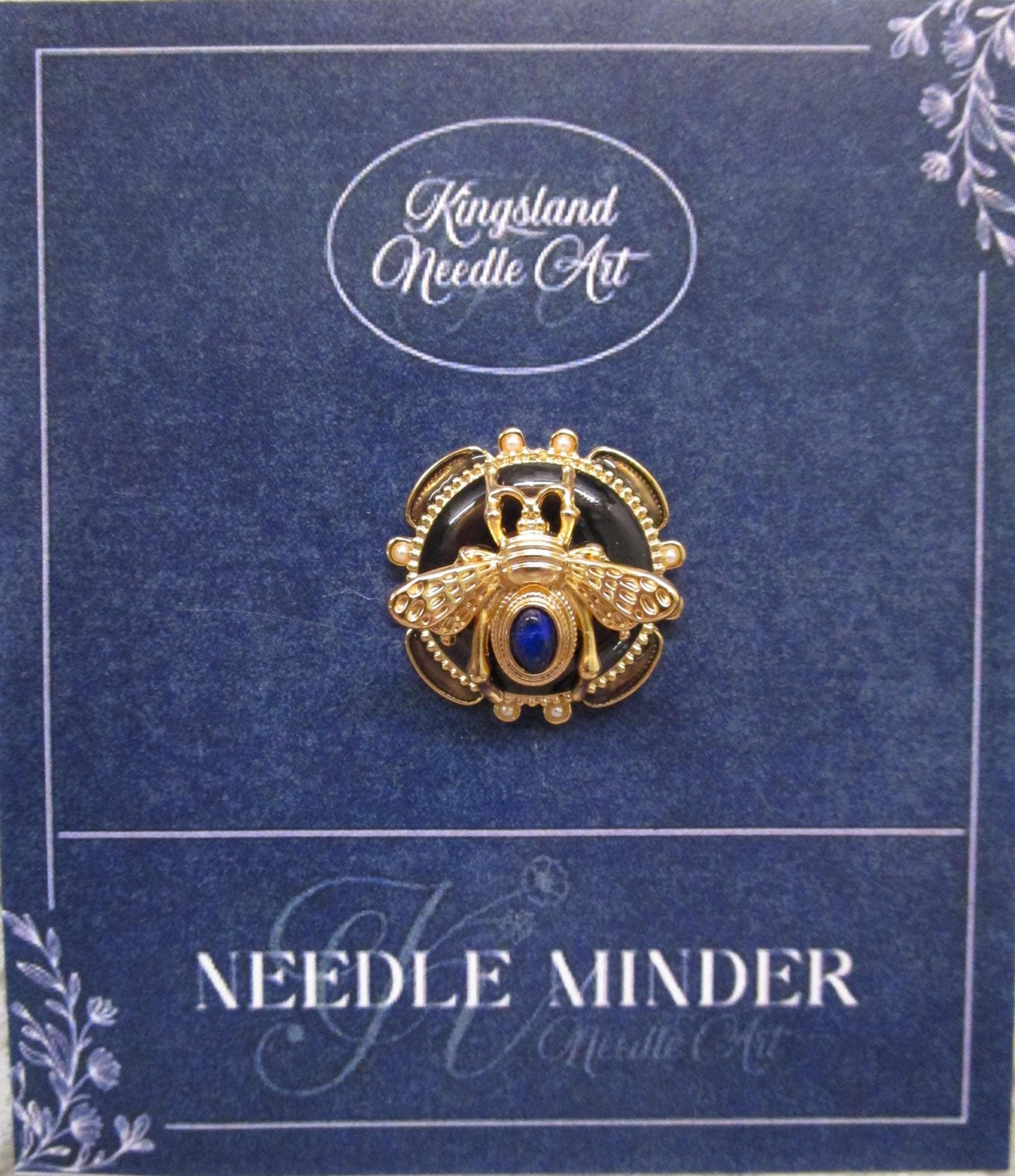 KINGSLAND NEEDLE MINDER ~ 18K Plated Bumble bee Needle Minder, Needle Dock, Enamel and Faux Pearls, Magnet Needle Garage, Needleminder