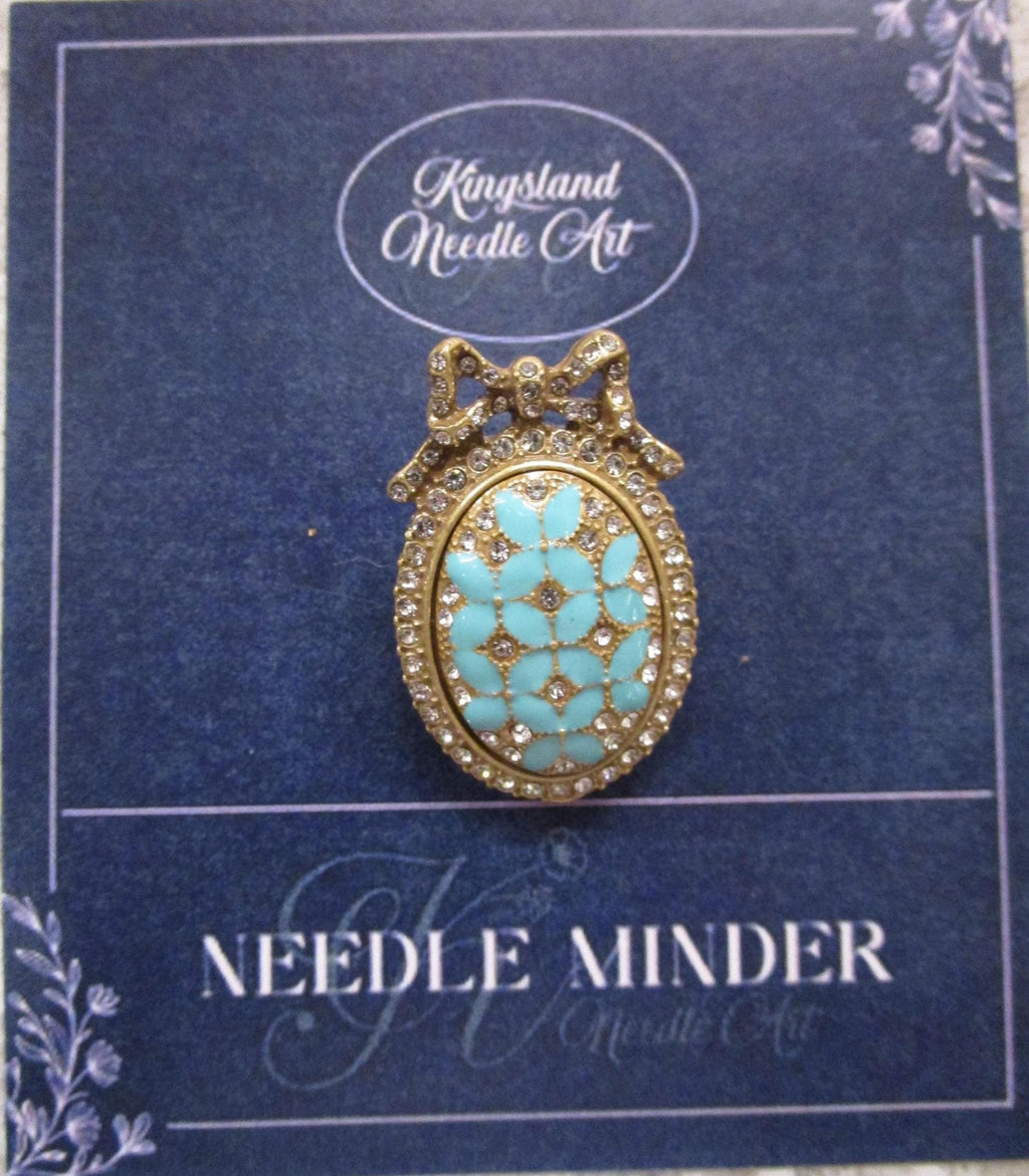 KINGSLAND NEEDLE MINDER ~ Blue Bow Needle Minder, Needle Dock, Enamel and Rhinestone, Magnet Needle Garage, Needleminder