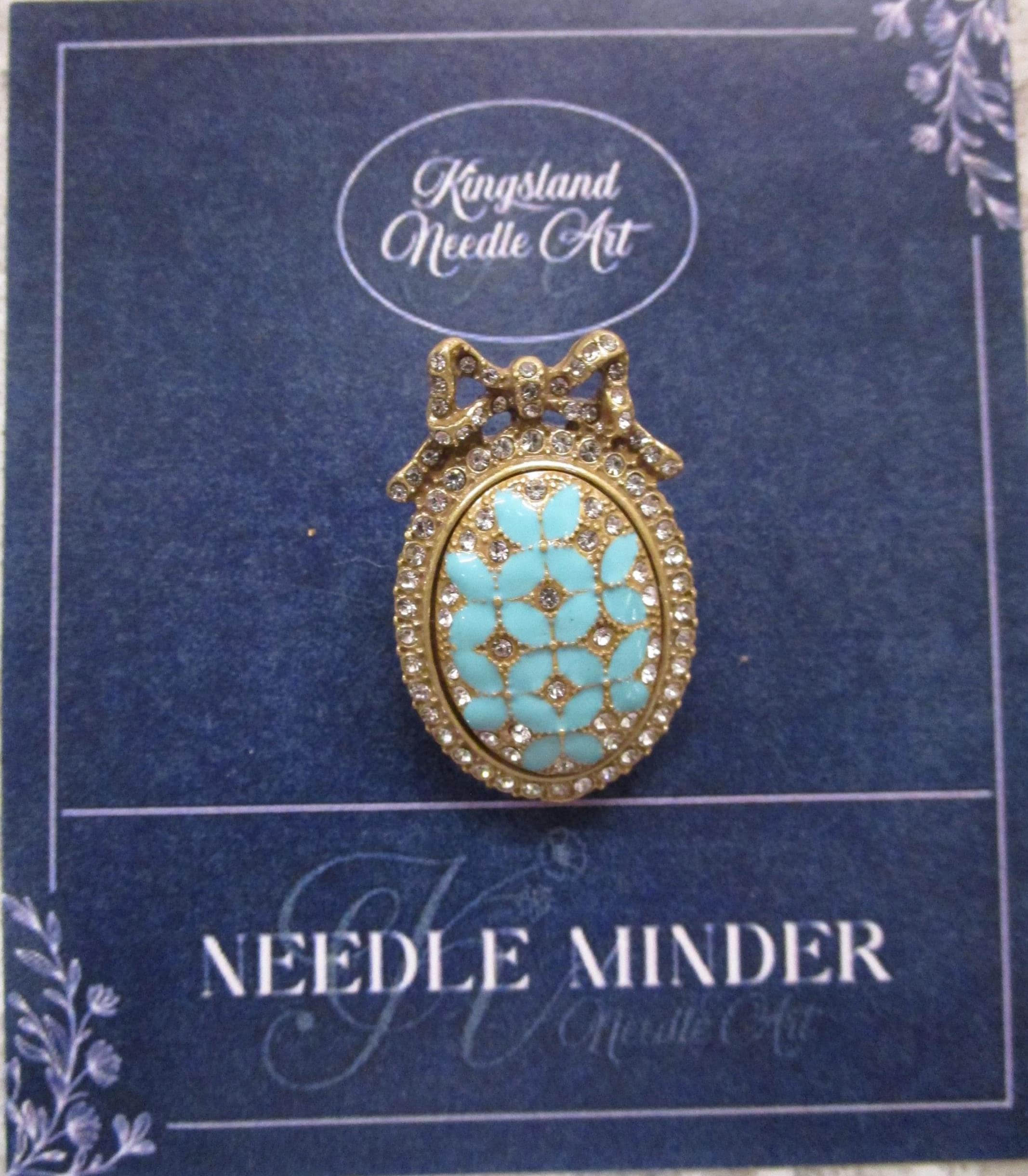 KINGSLAND NEEDLE MINDER ~ Blue Bow Needle Minder, Needle Dock, Enamel and Rhinestone, Magnet Needle Garage, Needleminder