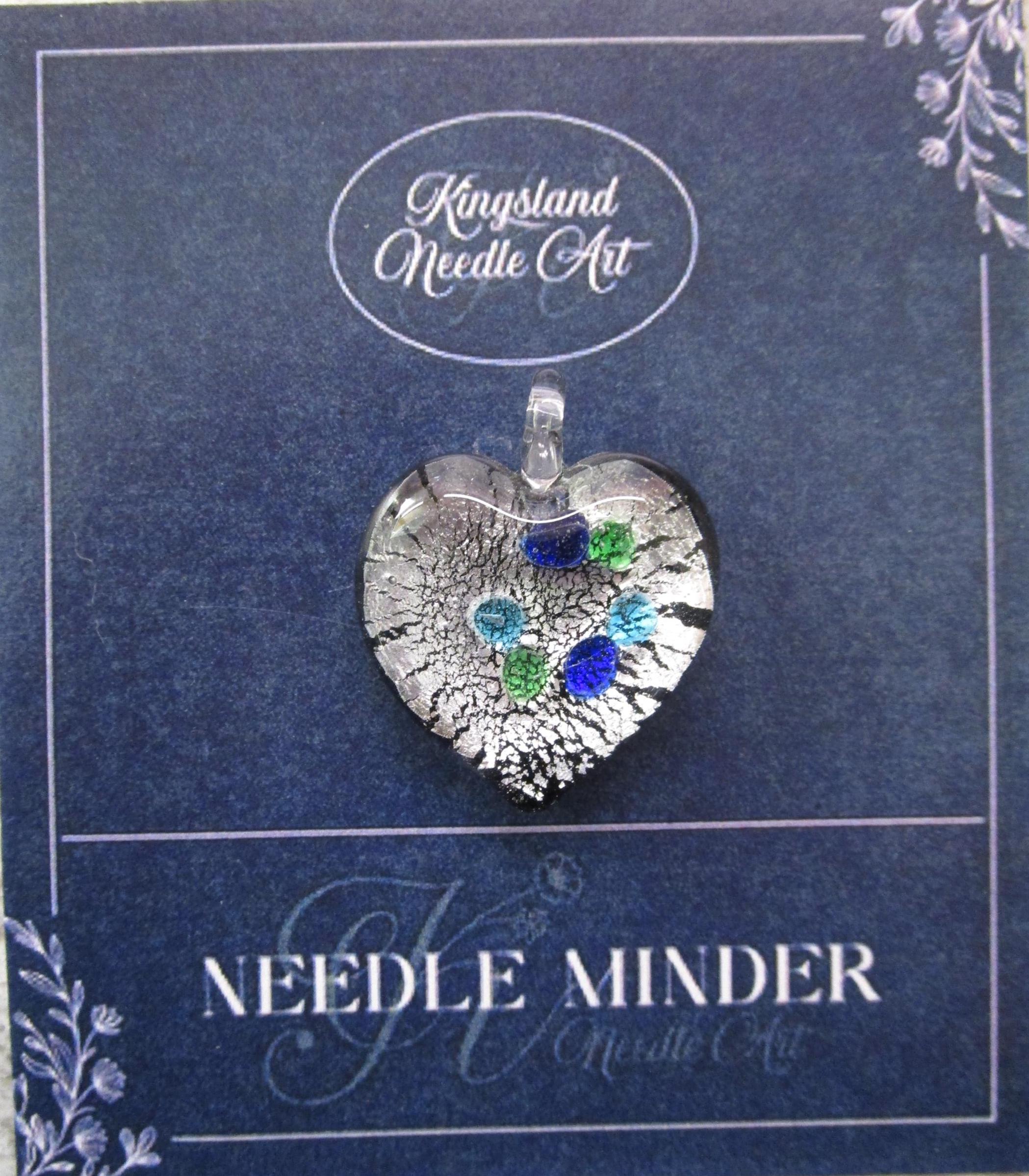 KINGSLAND NEEDLE MINDER ~ Black & Aqua Dota Silver Foil Heart ~ Murano Glass Lampwork, Venetian Glass, Needle Dock, Needleminder, MGS16
