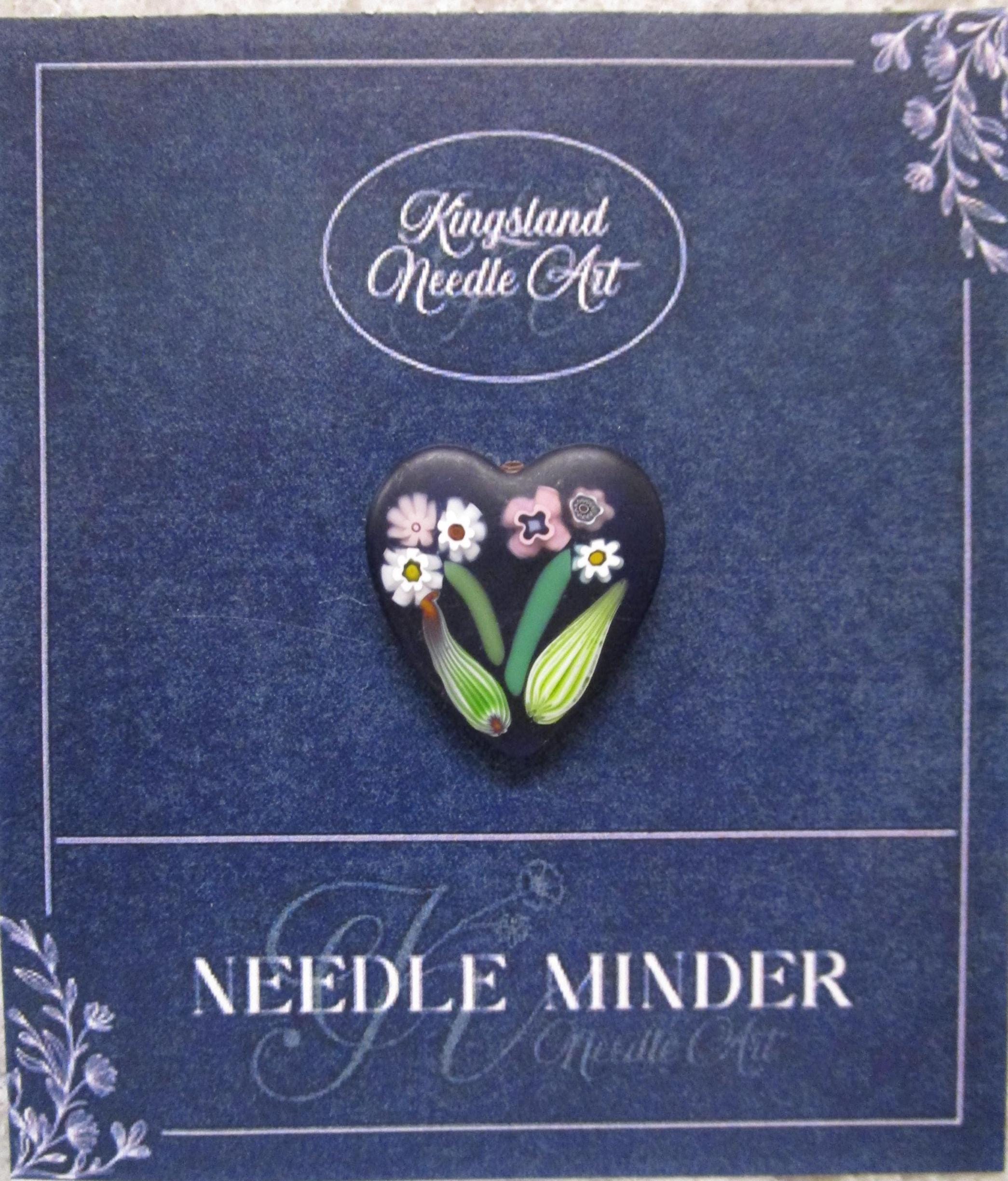 KINGSLAND NEEDLE MINDER ~ Millefiori Murano Glass ~ Dark Purple Bouquet Heart Transparent, Needle Dock, Needleminder