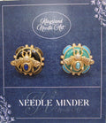 KINGSLAND NEEDLE MINDER ~ 18K Plated Bumble bee Needle Minder, Needle Dock, Enamel and Faux Pearls, Magnet Needle Garage, Needleminder
