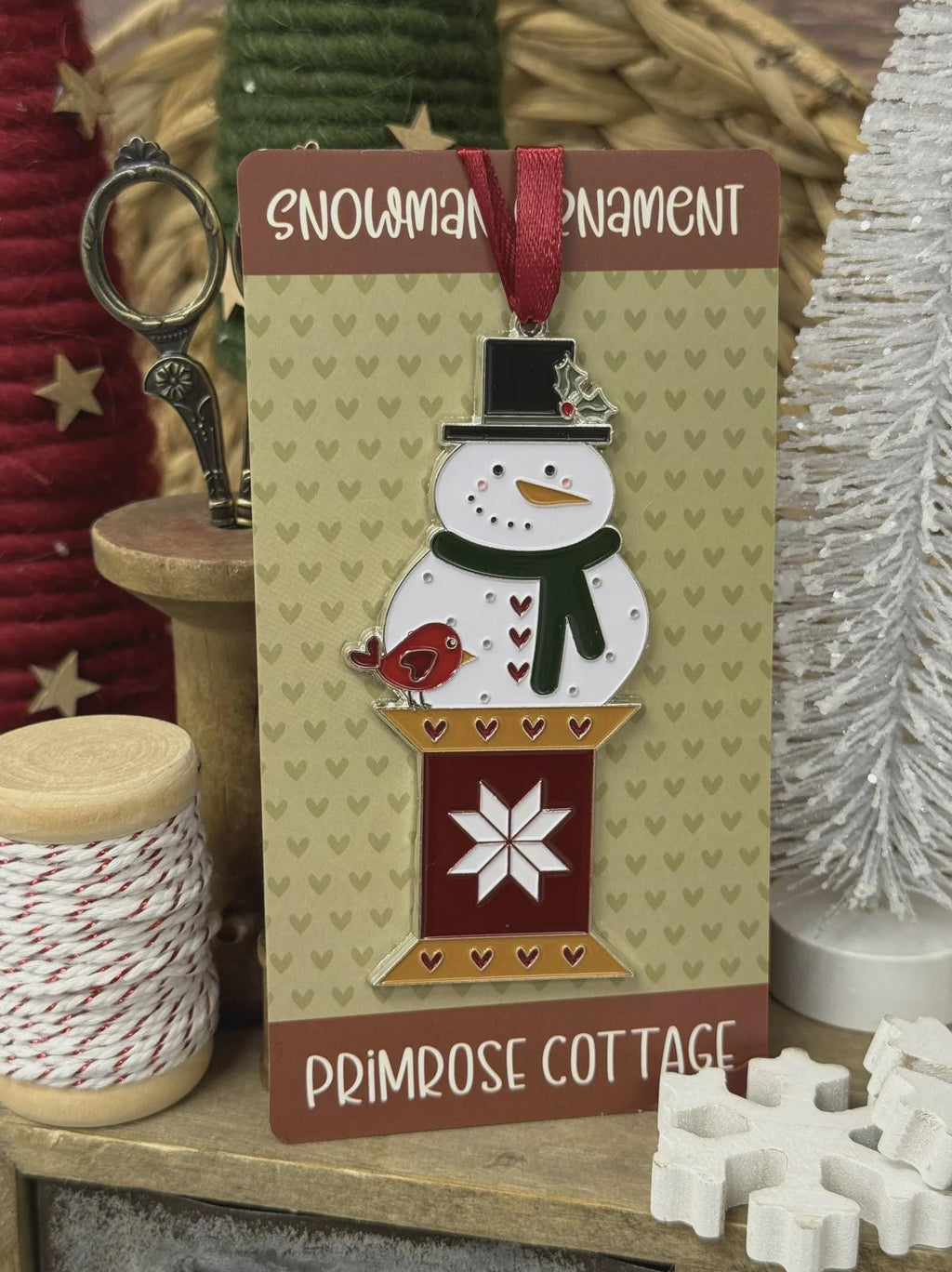 PRIMROSE COTTAGE "Snowman Ornament" Enamel Needle Minder, Needleminder