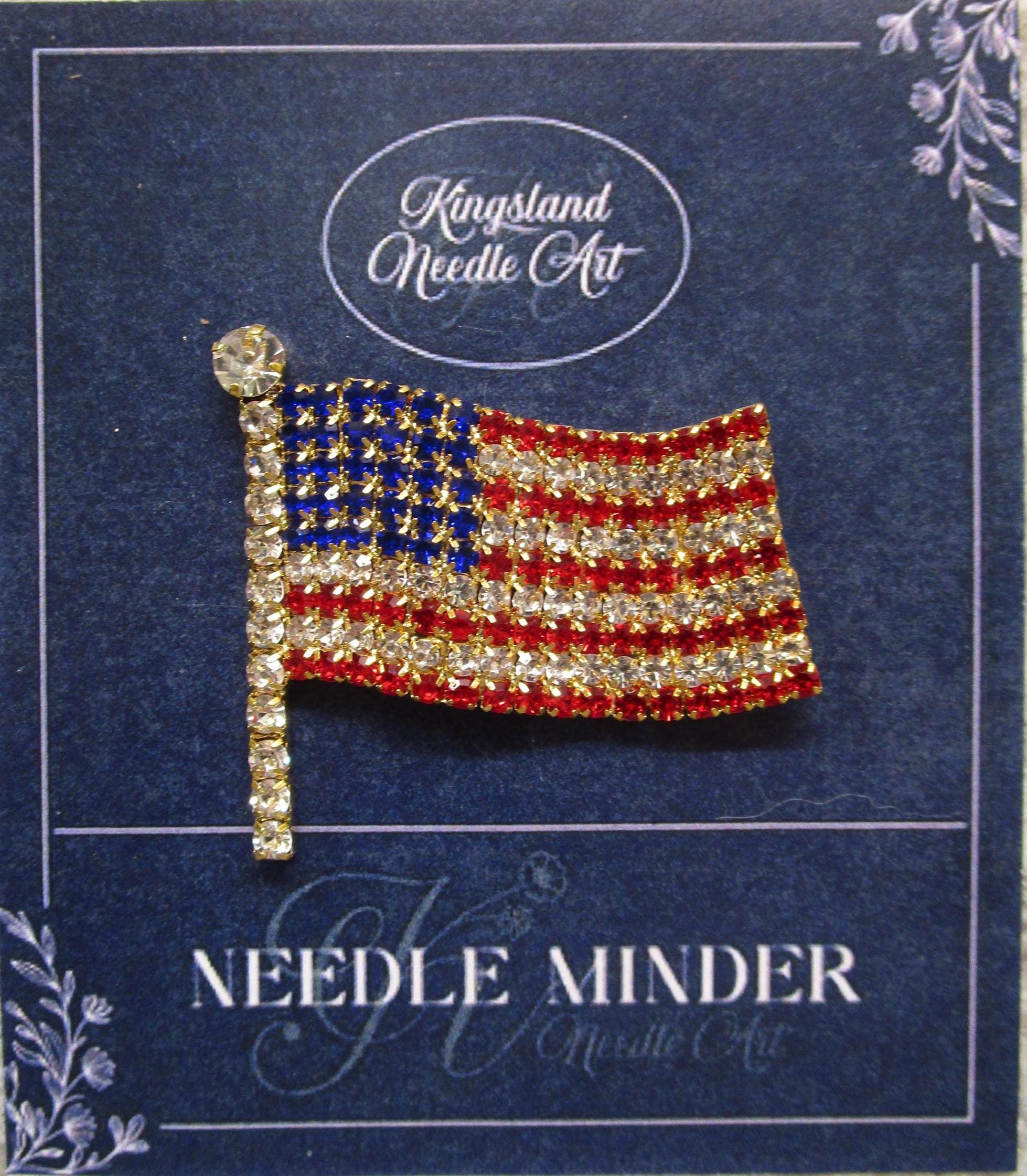 KINGSLAND NEEDLE MINDER ~ American Flag Needle Minder, Gold Tone, Needle Dock, Enamel and Rhinestone, Magnet Needle Garage, Needleminder