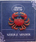 KINGSLAND NEEDLE MINDER ~ Red Crab Needle Minder, Gold Tone, Needle Dock, Enamel and Rhinestone, Magnet Needle Garage, Needleminder