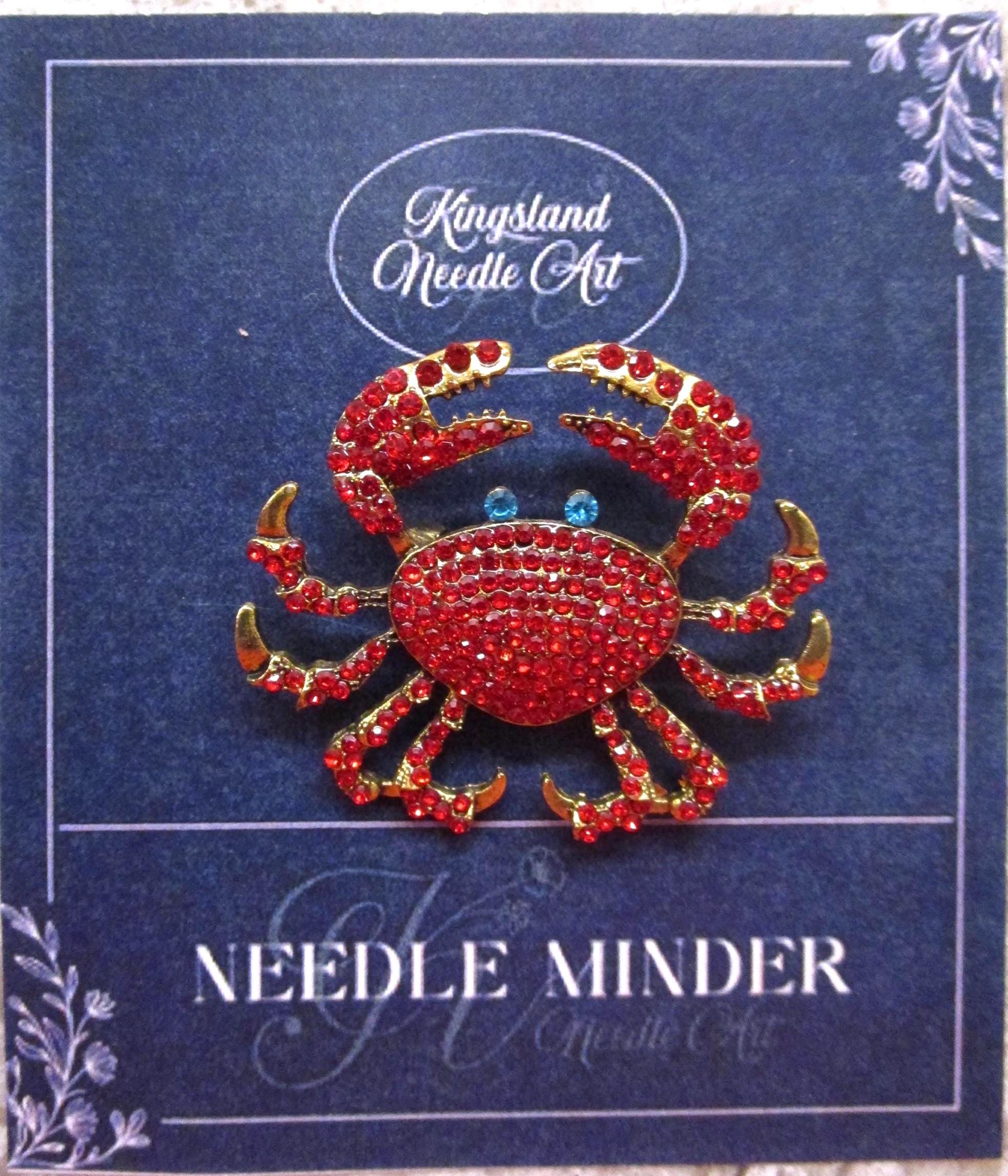 KINGSLAND NEEDLE MINDER ~ Red Crab Needle Minder, Gold Tone, Needle Dock, Enamel and Rhinestone, Magnet Needle Garage, Needleminder
