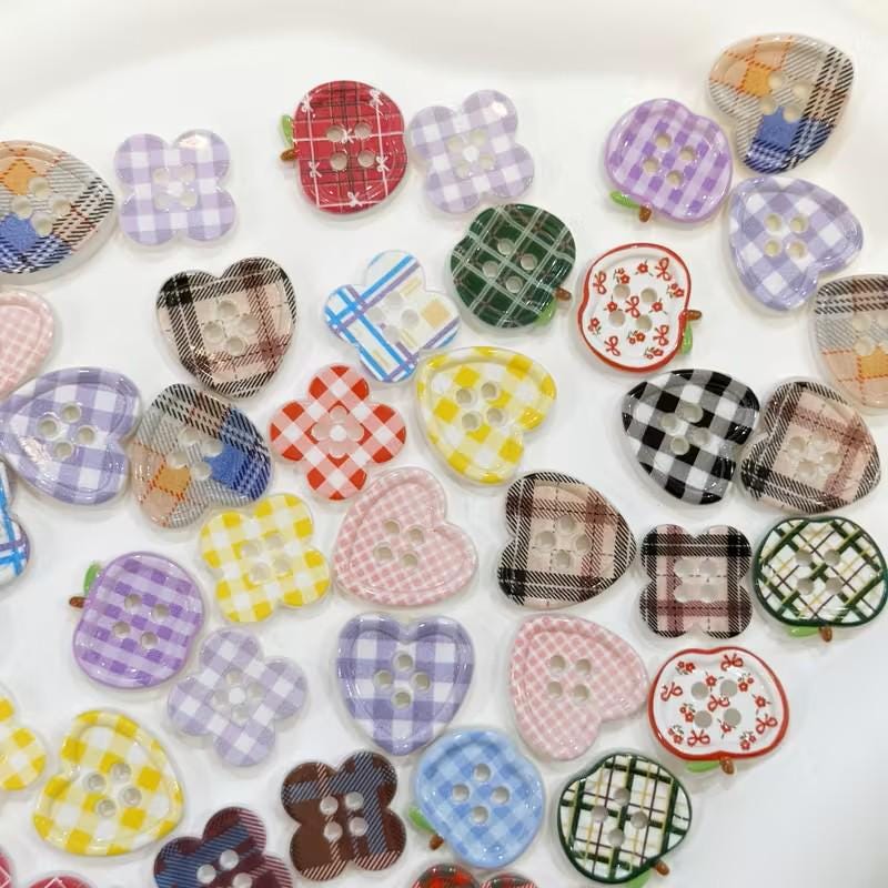 Decorative Buttons ~ 40pcs. Handmade Pastel, Floral & Heart Plastic Buttons ~ Striped, Gingham, Checkered, Polka Dot