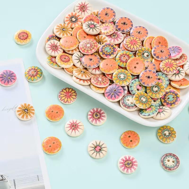 Decorative Buttons ~ 300pcs. Handmade Wooden Buttons with Two Holes ~ Sunflower Print, Multicolor