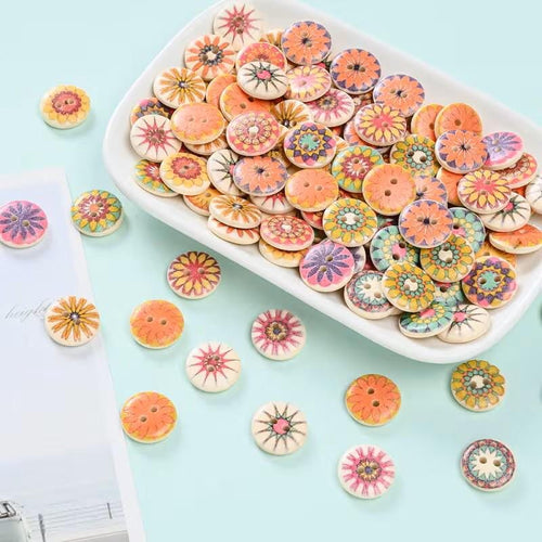 Decorative Buttons ~ 300pcs. Handmade Wooden Buttons with Two Holes ~ Sunflower Print, Multicolor