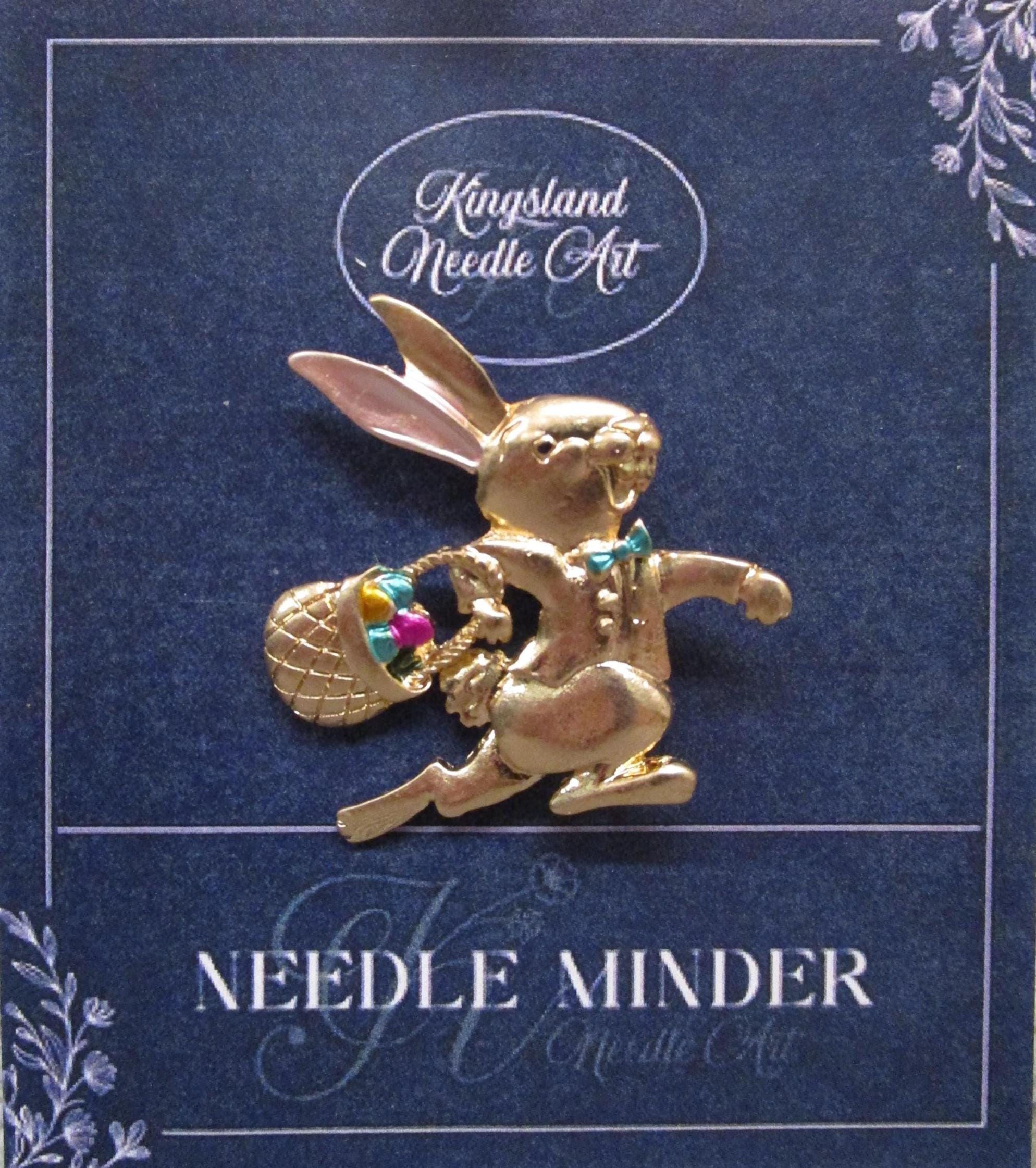 KINGSLAND NEEDLE MINDER ~ Gold Easter Rabbit Needle Minder, Gold Tone, Enamel, Needle Dock, Magnet, Needle Garage, Needleminder