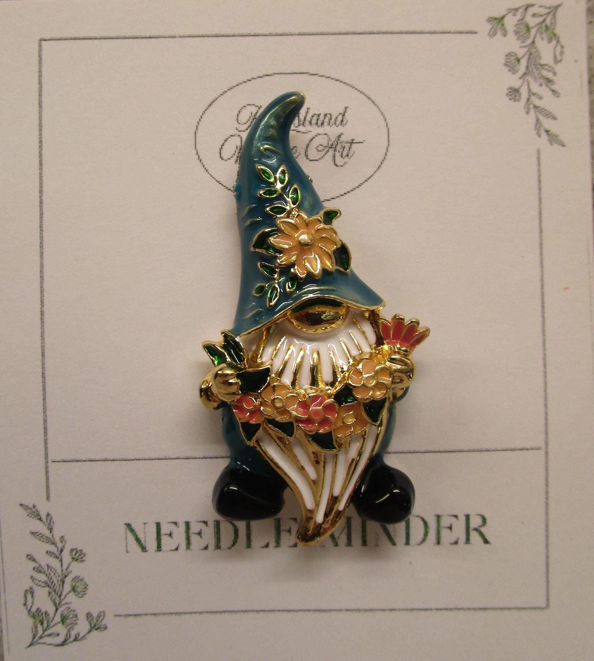 KINGSLAND NEEDLE MINDER ~ Gnome Santa Claus Gnome Needle Minder, Needle Dock, Inlaid Swarovski Crystals, Enamel, Magnet, Needleminder