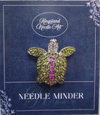 KINGSLAND NEEDLE MINDER ~ Green & Pink Turtle Needle Minder, Needle Dock, Rhinestone, Enamel, Magnet, Needle Garage, Needleminder