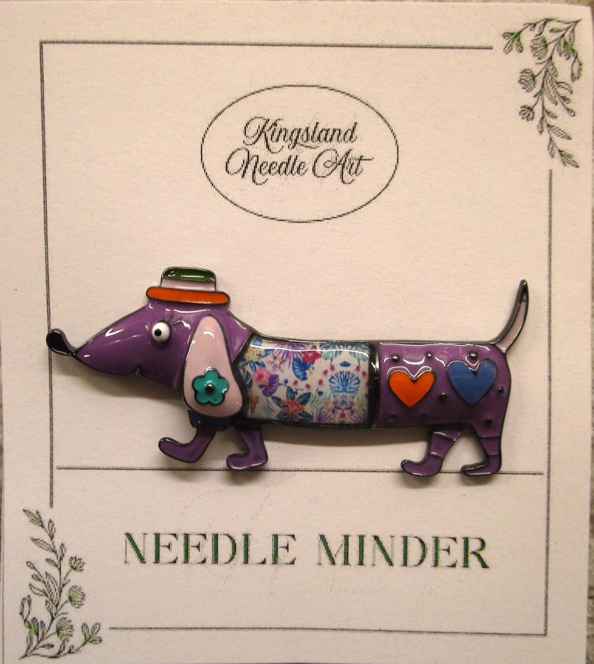 KINGSLAND NEEDLE MINDER ~ Purple Dog Dachshund Needle Minder, Needle Dock, Enamel, Magnet, Needle Garage, Needleminder