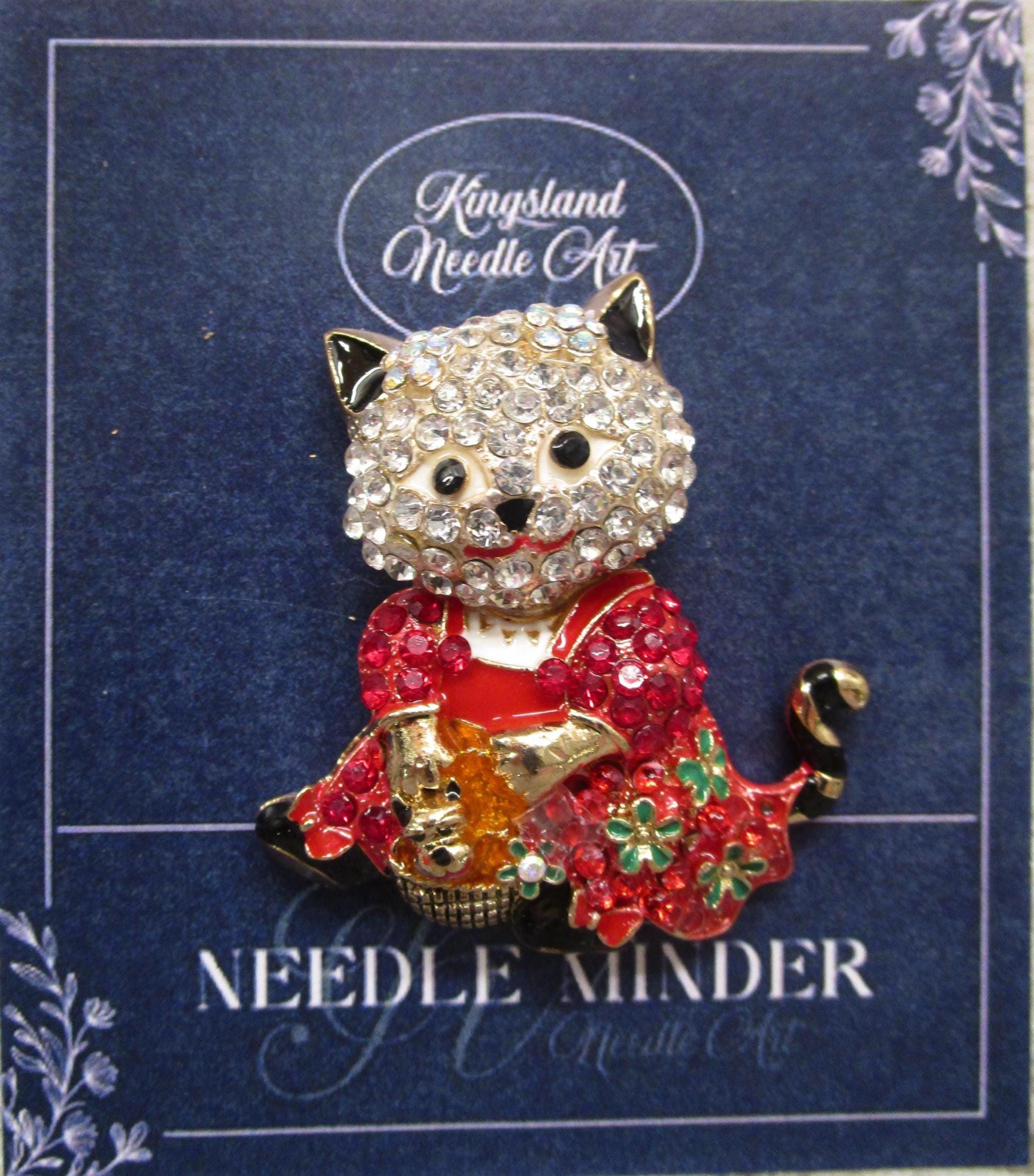 KINGSLAND NEEDLE MINDER ~ Red Floral Dress Kitty Cat Needle Minder, Needle Dock, Needle Nanny, Magnet, Needle Garage, Needleminder