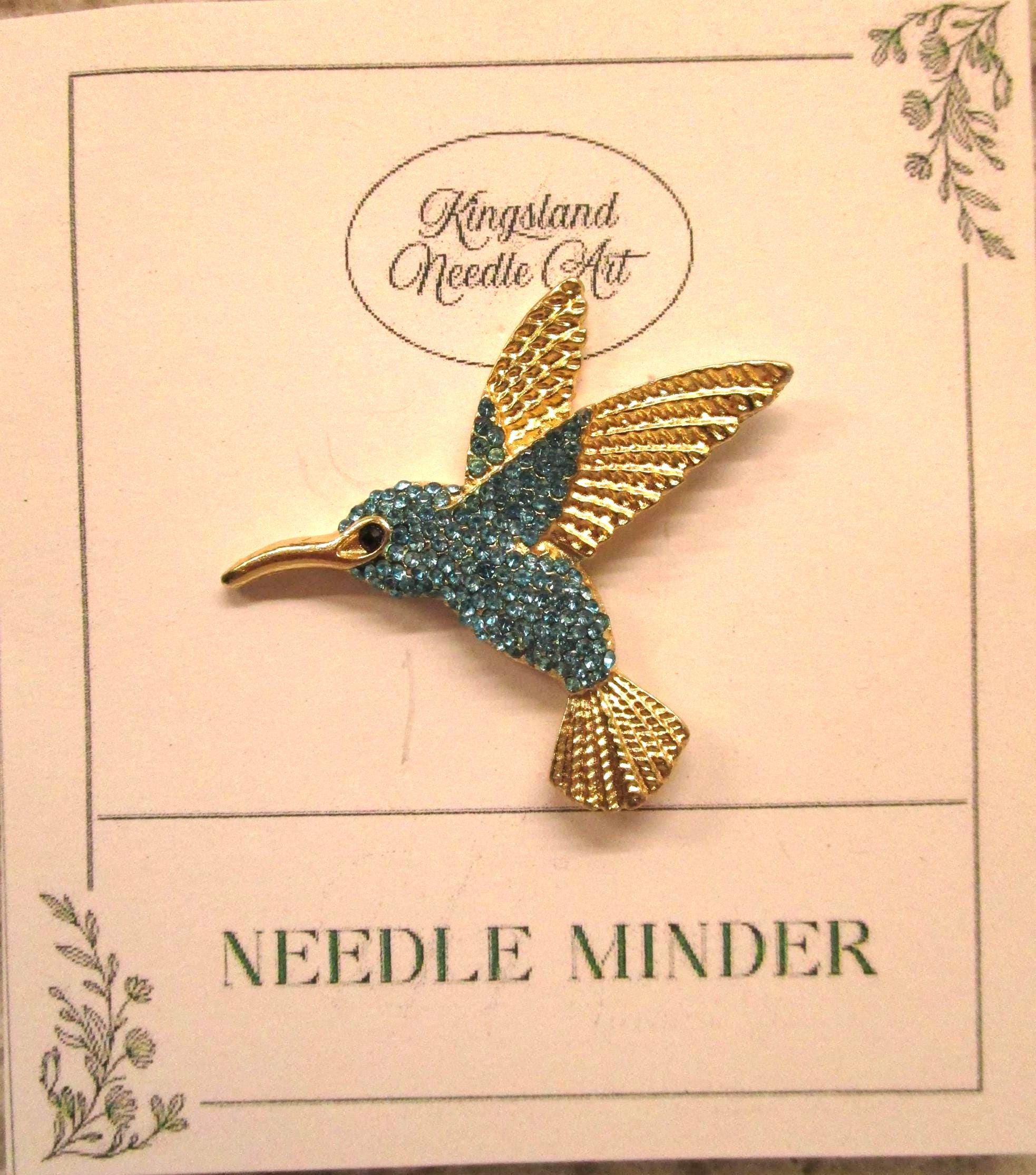 KINGSLAND NEEDLE MINDER ~ Hummingbird Bird Needle Minder, Needle Dock, Enamel & Rhinestone, Magnet Needle Garage, Needleminder