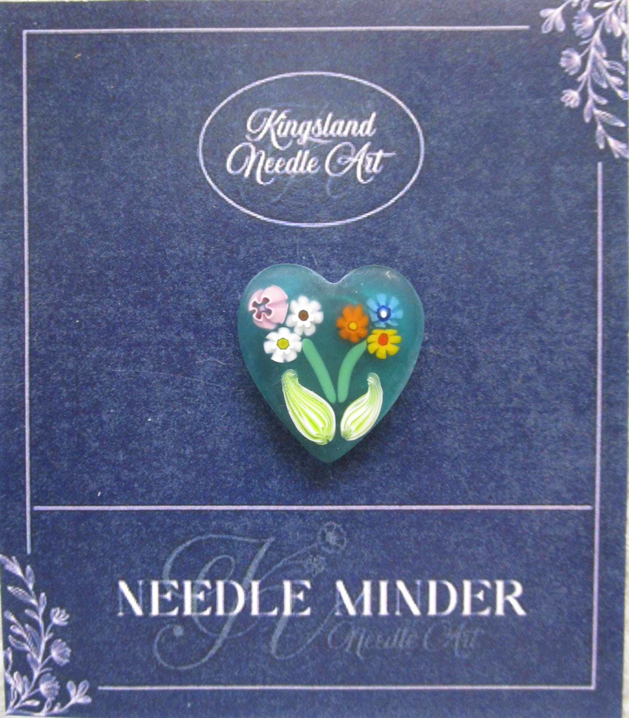 KINGSLAND NEEDLE MINDER ~ Millefiori Murano Glass ~ Teal Flower Bouquet Heart Transparent, Needle Dock, Needleminder