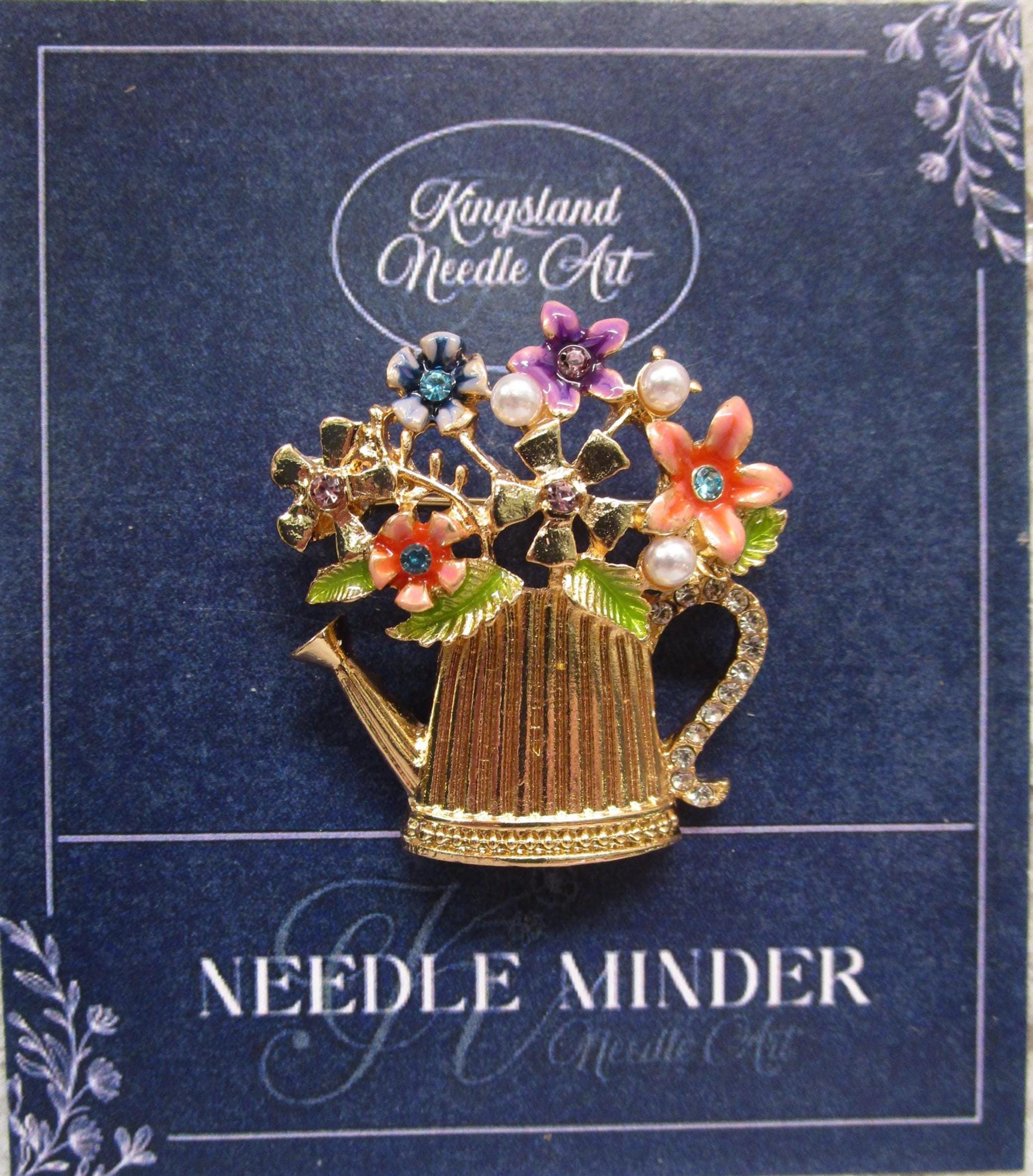 KINGSLAND NEEDLE MINDER ~ Garden Watering Can Needle Minder, Needle Dock, Enamel, Rhinestone, Magnet Needle Garage, Needleminder