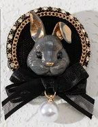 BROOCH ~ Cute Rabbit ~ Drip-Enamel, Alloy, Shiny Rhinestone Inlay, Faux Pearl, Ribbon Bow ~ Jewelry, Easter, Great Gift Idea, Magnetic Pin