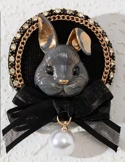 BROOCH ~ Cute Rabbit ~ Drip-Enamel, Alloy, Shiny Rhinestone Inlay, Faux Pearl, Ribbon Bow ~ Jewelry, Easter, Great Gift Idea, Magnetic Pin
