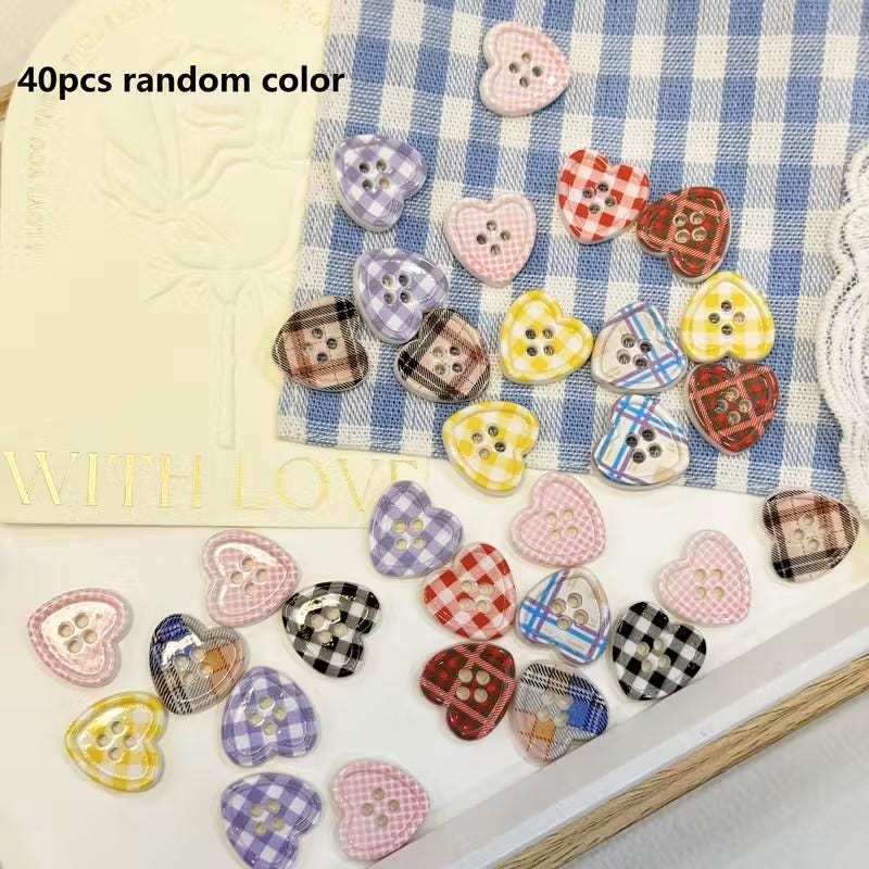 Decorative Buttons ~ 40pcs. Handmade Pastel, Floral & Heart Plastic Buttons ~ Striped, Gingham, Checkered, Polka Dot