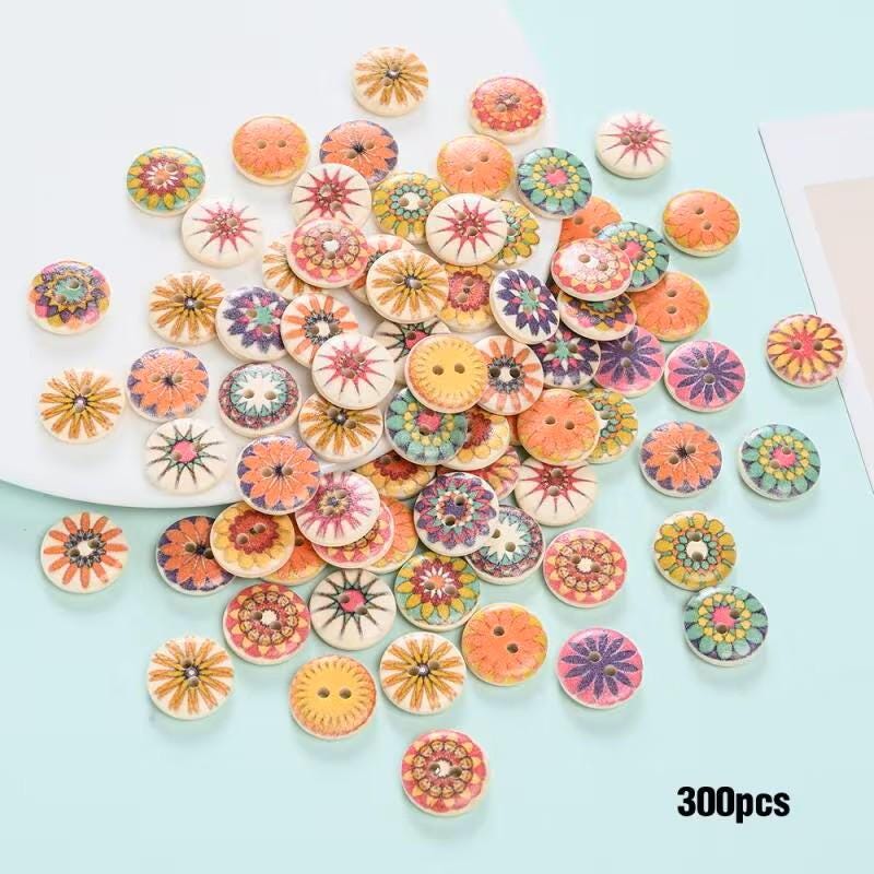 Decorative Buttons ~ 300pcs. Handmade Wooden Buttons with Two Holes ~ Sunflower Print, Multicolor