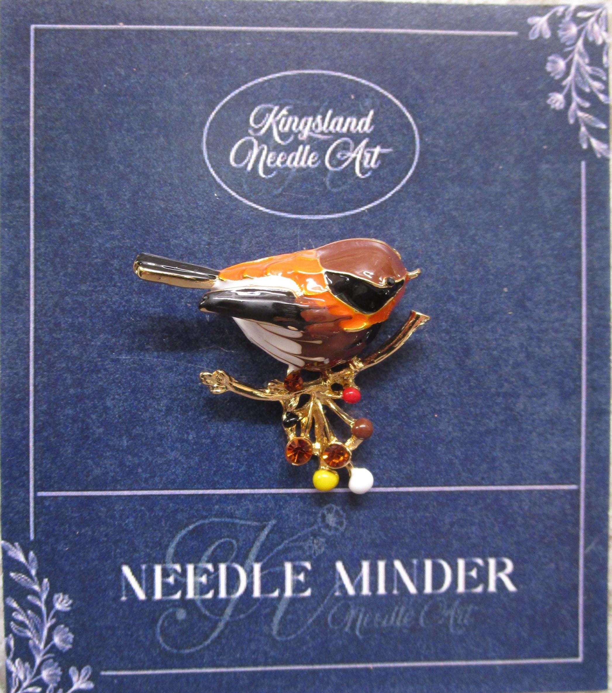 KINGSLAND NEEDLE MINDER ~ Brown Cap Chickadee Bird Needle Minder, Needle Dock, Sparkling Rhinestones, Enamel, Magnet, Needleminder