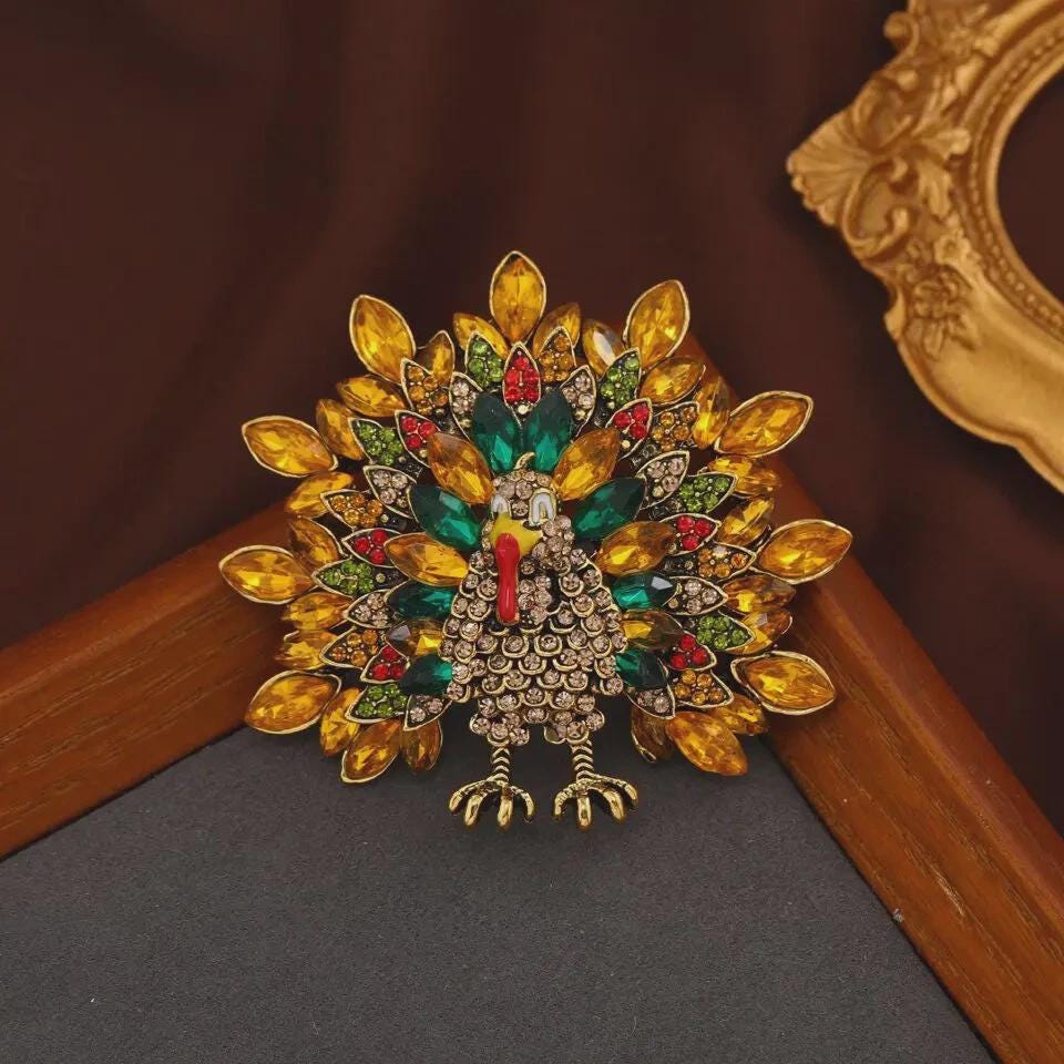 BROOCH ~ Thanksgiving Turkey Brooch ~ Rhinestones ~ Gold Tone ~ Jewelry, Holidays, Great Gift Idea, Pin