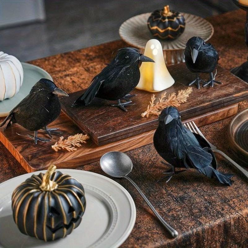 Halloween Decor - Realistic Black Feathered Crows - Lifelike Birds ~ Feather Foam-Filled Fabric ~ Set of 3 ~ Halloween Decorations H102