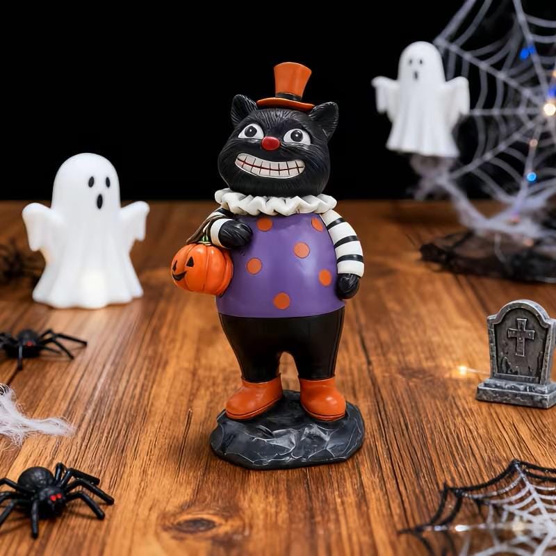 Halloween Decor - 8" Trick or Treat Black Cat Clown ~ Made of Resin ~ Halloween Decorations H103