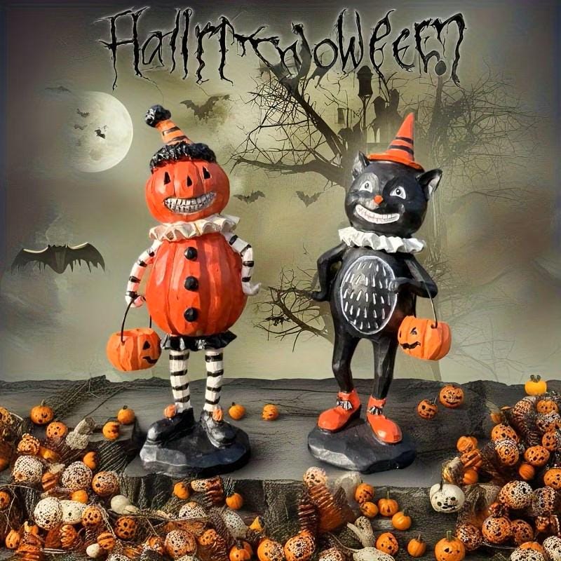 Halloween Decor - 2 pcs. 8.5" Black Cat & Pumpkin Head ~ Made of Resin ~ Halloween Decorations H104