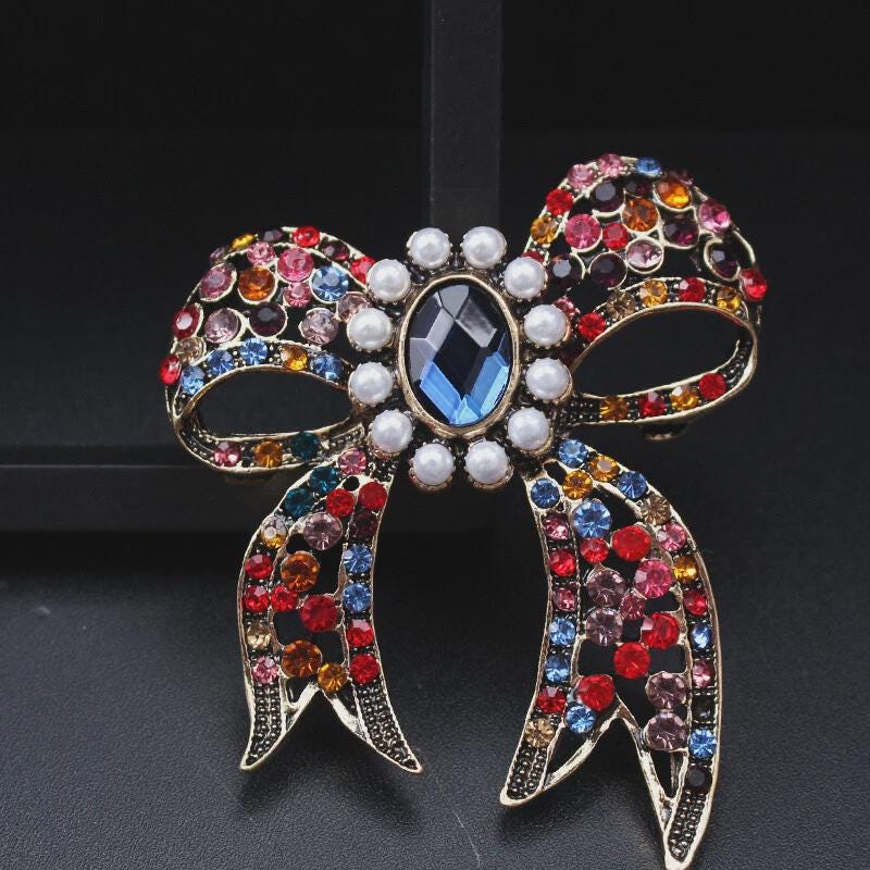 BROOCH ~ Rhinestone Bow ~ Gold Tone & Rhinestones ~ Jewelry, Valentine's Day, Holidays, Great Gift Idea, Pin