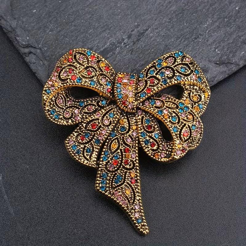 BROOCH ~ Beautiful Multi-Color Bow Crystal Brooch ~ Gold Tone ~ Jewelry, Holidays, Great Gift Idea, Pin