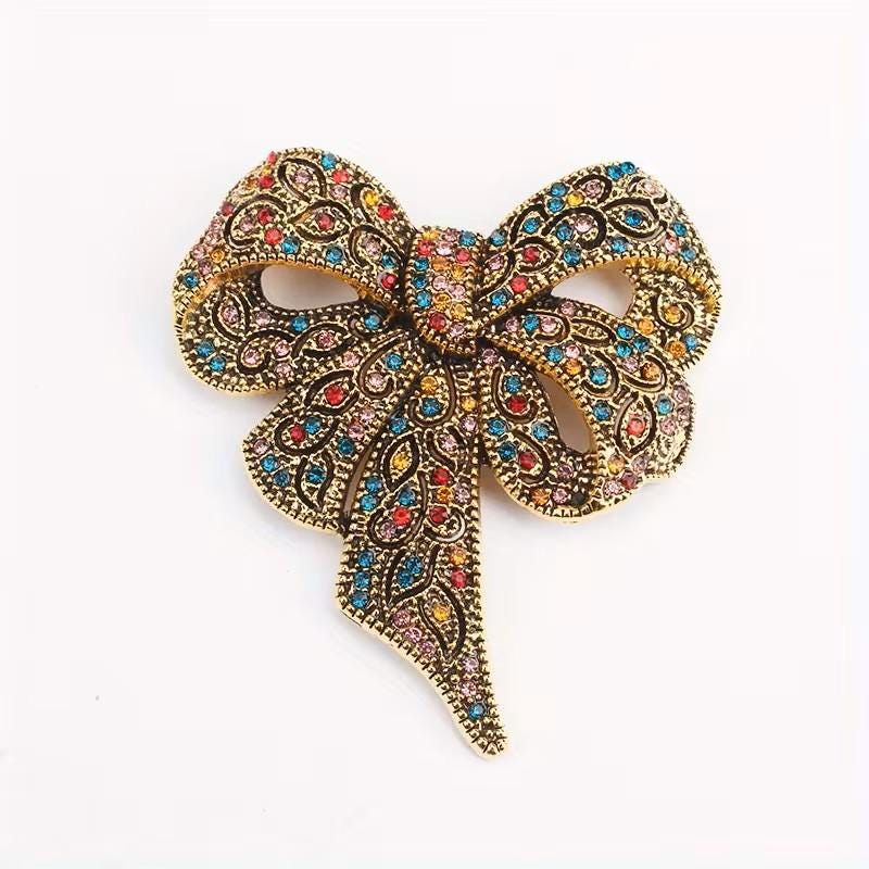 BROOCH ~ Beautiful Multi-Color Bow Crystal Brooch ~ Gold Tone ~ Jewelry, Holidays, Great Gift Idea, Pin