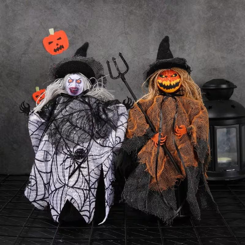 Halloween Decor - Pumpkin & Ghost Doll Ornaments on Metal Stand ~ Halloween Decorations H106