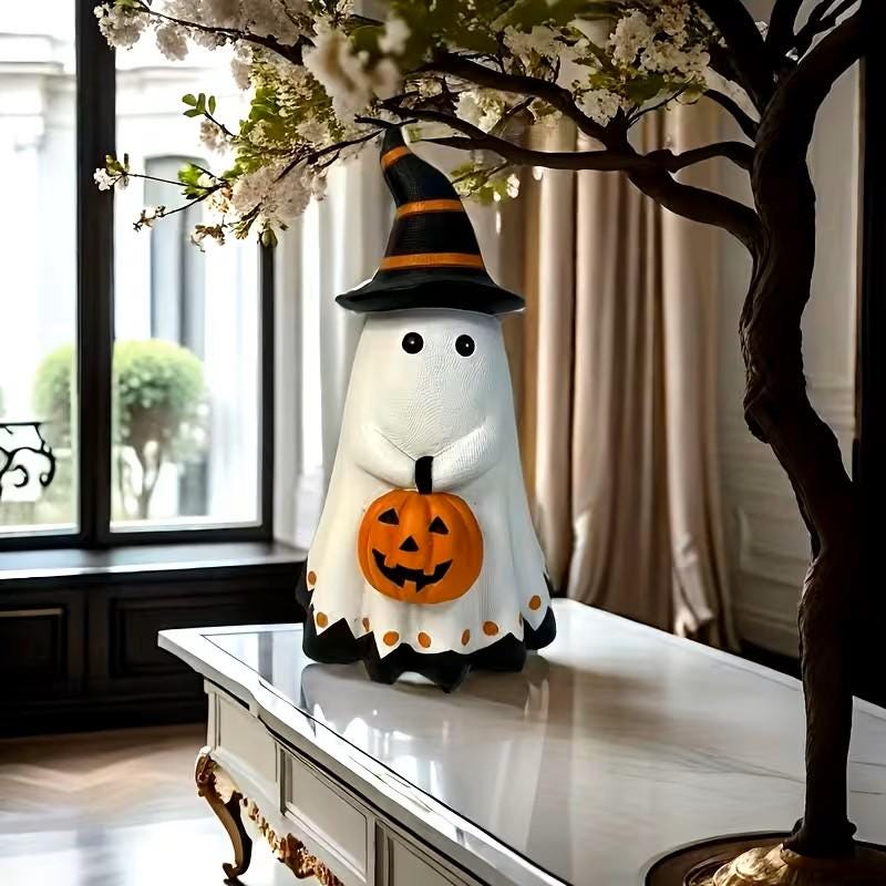 Halloween Decor - 8" Ghost with Witch Hat & Jack-O-Lantern ~ Made of Resin ~ Halloween Decorations H107