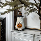 Halloween Decor - 8" Ghost with Witch Hat & Jack-O-Lantern ~ Made of Resin ~ Halloween Decorations H107