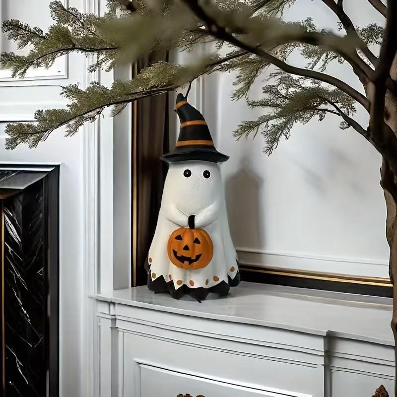 Halloween Decor - 8" Ghost with Witch Hat & Jack-O-Lantern ~ Made of Resin ~ Halloween Decorations H107