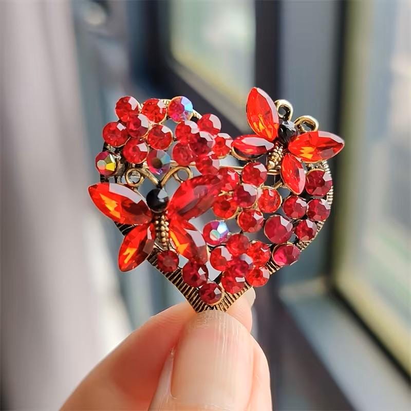 BROOCH ~ Elegant Red Butterfly Heart Brooch ~ Gold Tone & Rhinestones ~ Jewelry, Valentine's Day, Holidays, Great Gift Idea, Pin