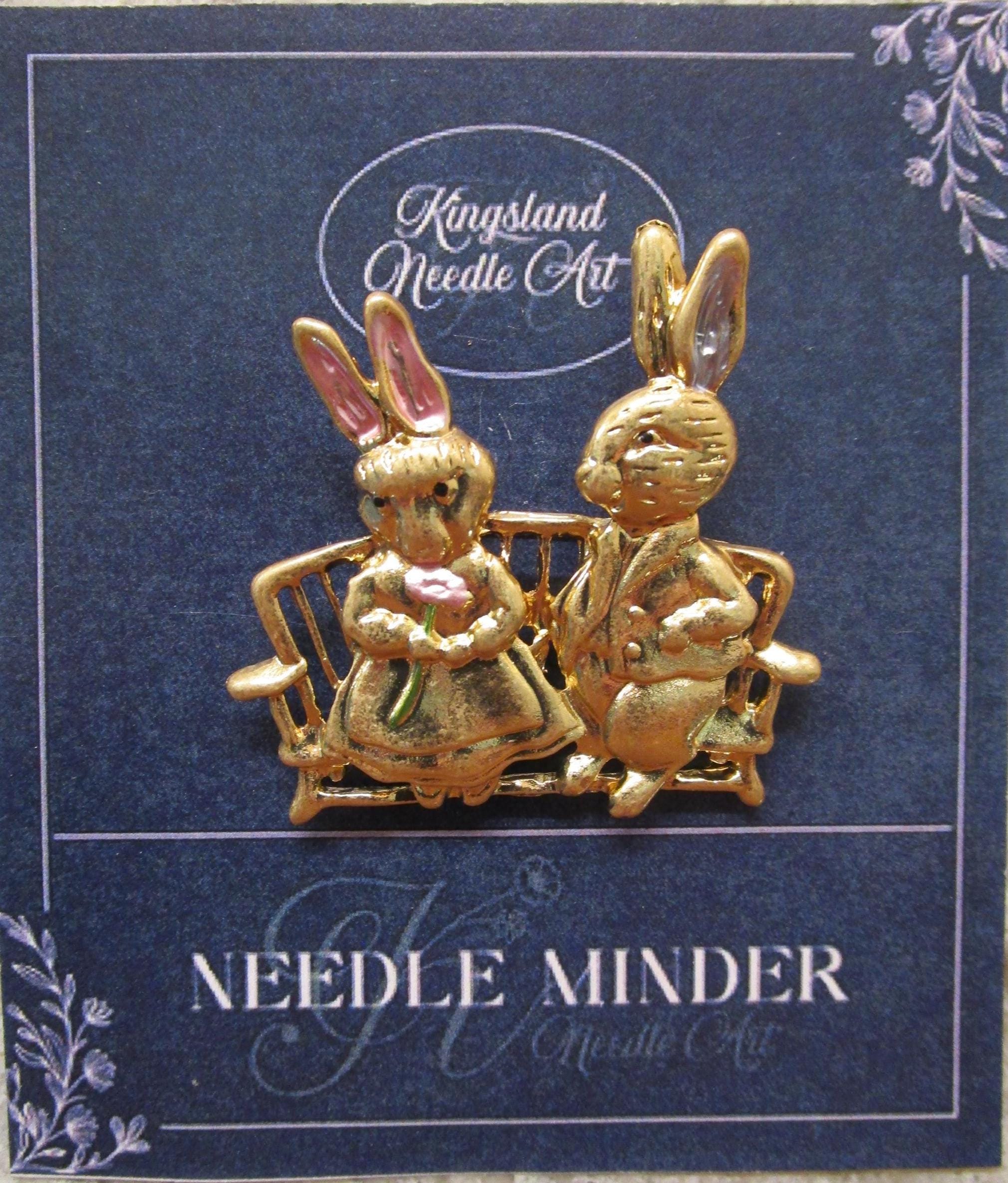 KINGSLAND NEEDLE MINDER ~ Easter Rabbits Needle Minder, Gold Tone, Enamel, Needle Dock, Magnet, Needle Garage, Needleminder