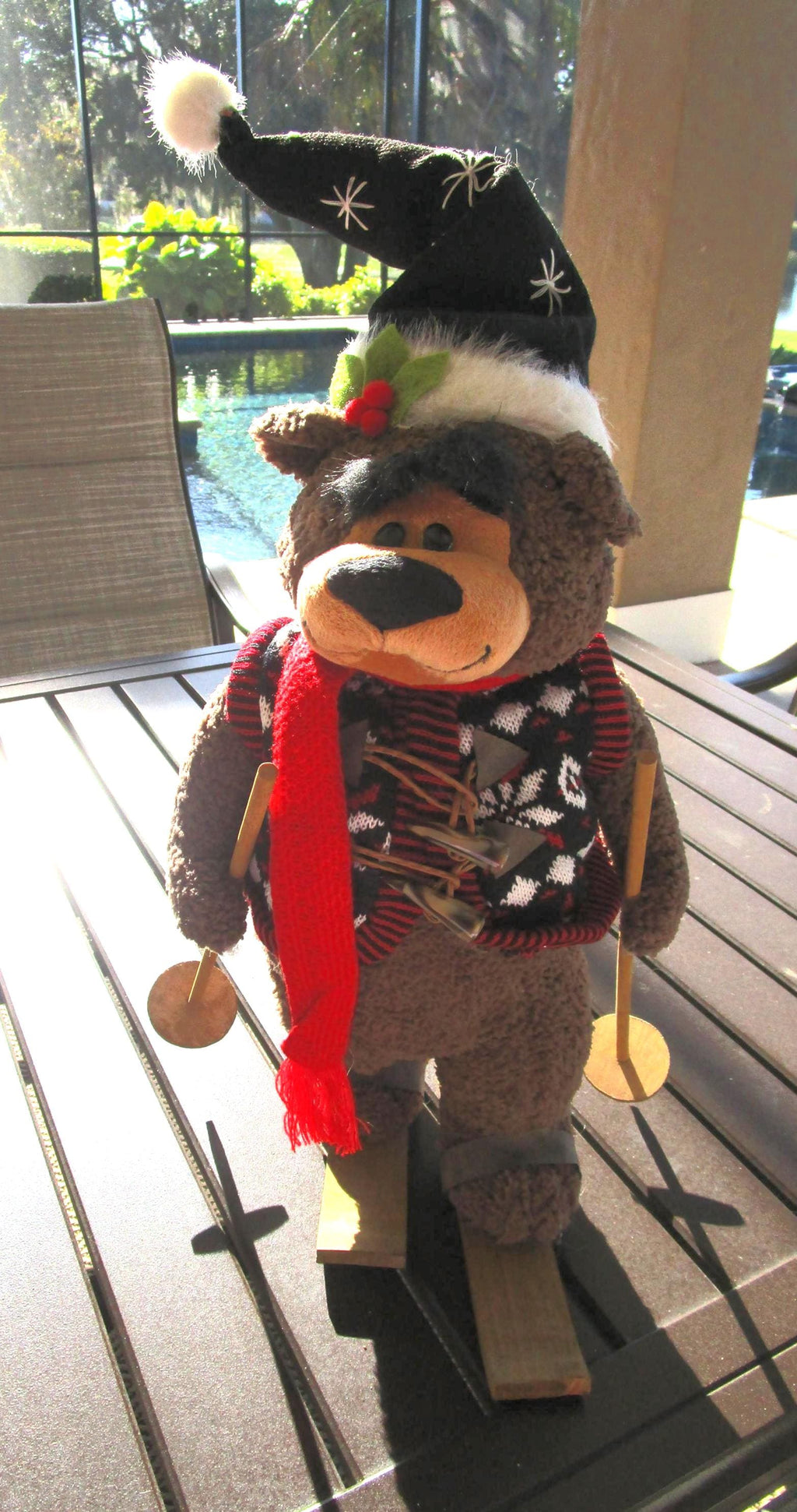Leo Skiing Bear with Wooden Skis Plush Figure 28" ~ Christmas Decor