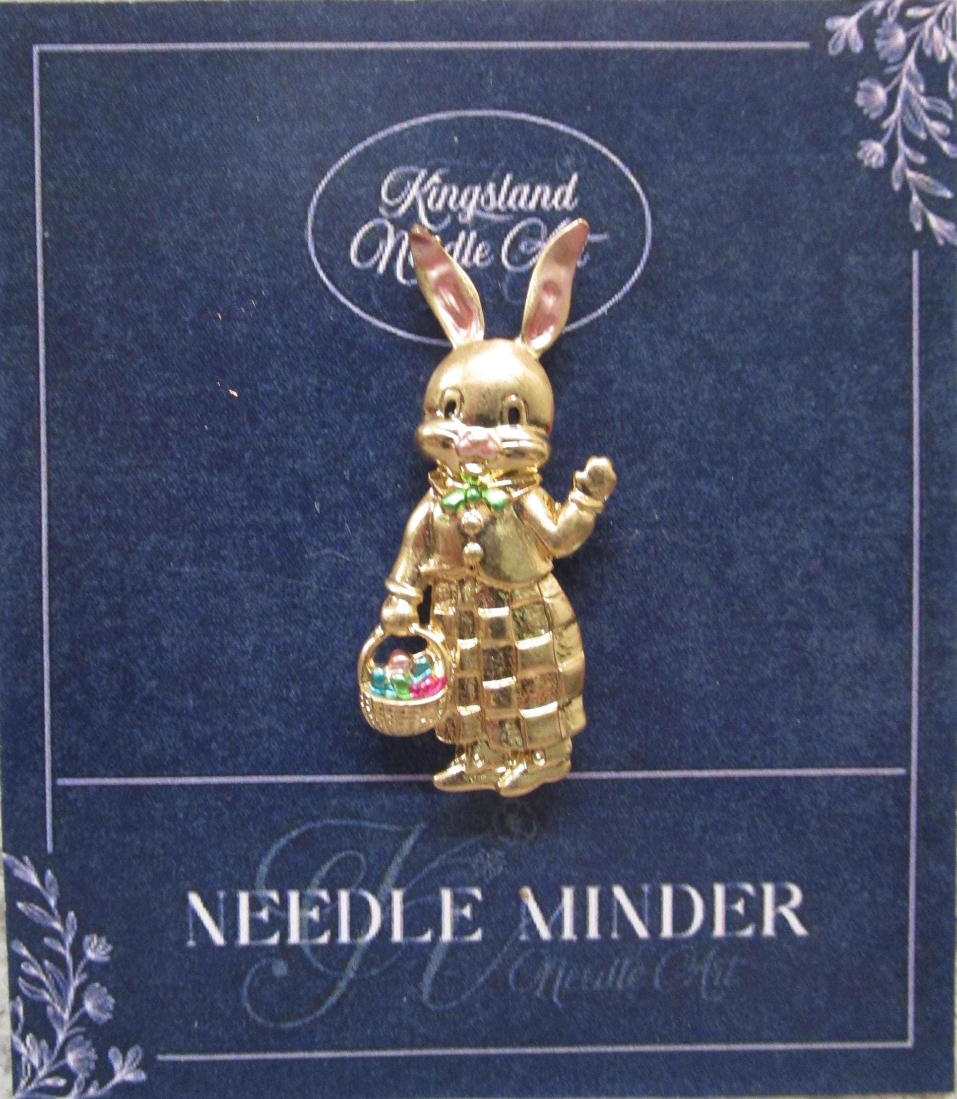 KINGSLAND NEEDLE MINDER ~ Easter Bunny Rabbit Needle Minder, Gold Tone, Enamel, Needle Dock, Magnet, Needle Garage, Needleminder