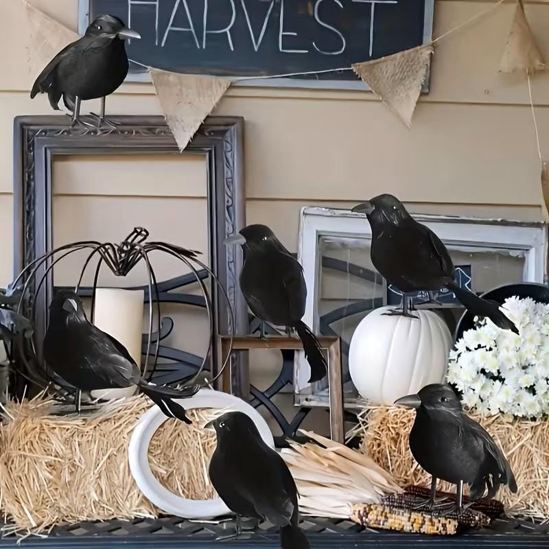 Halloween Decor - Realistic Black Feathered Crows - Lifelike Birds ~ Feather Foam-Filled Fabric ~ Set of 3 ~ Halloween Decorations H102