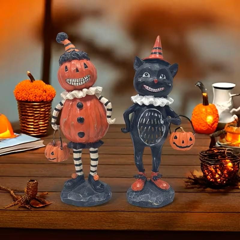 Halloween Decor - 2 pcs. 8.5" Black Cat & Pumpkin Head ~ Made of Resin ~ Halloween Decorations H104